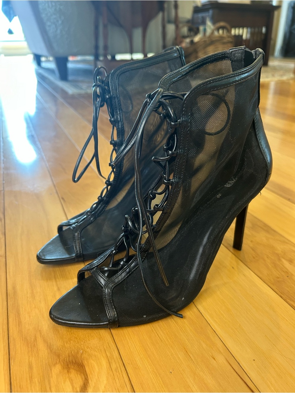 ZARA Black Mesh Lace Up Peep Toe Stiletto Ankle Boots Night Out